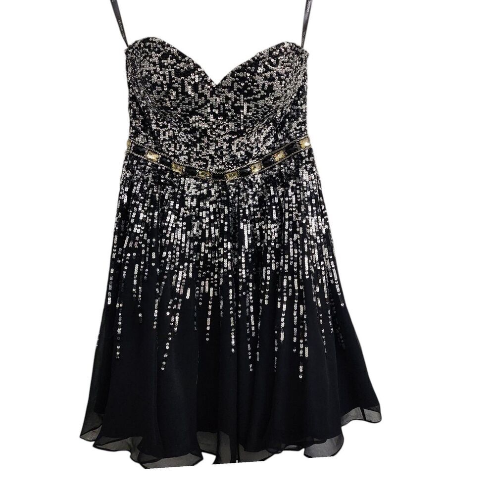 Sherri Hill Dress 2 Black Silk Mini Strapless Silver Sequins Beadings Party